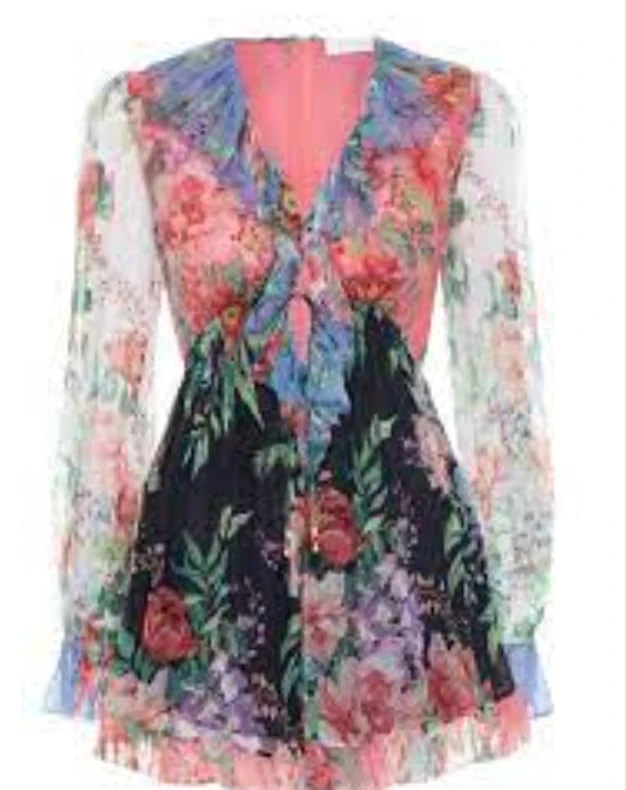 Zimmermann Pre-loved Floral Pleated Long-Sleeve Silk Jumpsuit