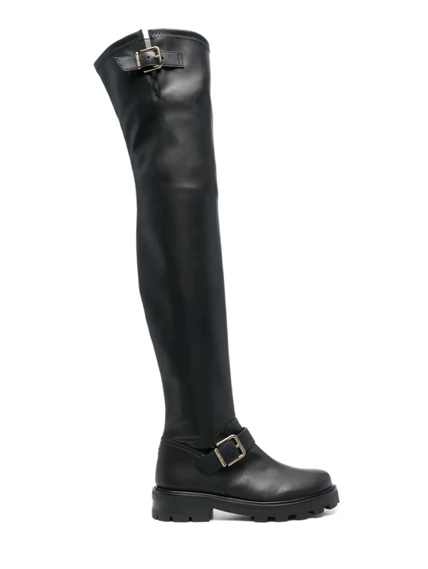 Jimmy Choo Pre-Loved Biker II Buckled Leather Over-The-Knee Boots Black