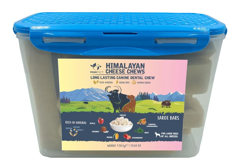 Pawfect Himalayan Cheese Chew Mixed Fruit Bars for Dogs – Large Size, Multipack Tub of 10 Bars (1560g/26.45oz) – Natural, Long-Lasting Dental Chews – Supports Oral Health with Fruit Infusion