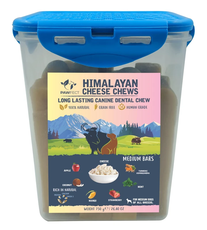 Pawfect Himalayan Cheese Chew Mixed Fruit Bars (Medium, 10-Pack Tub, 750g/26.45oz) – Natural Dental Treats for Dogs – Grain-Free, Fruit-Infused Yak Milk Chews