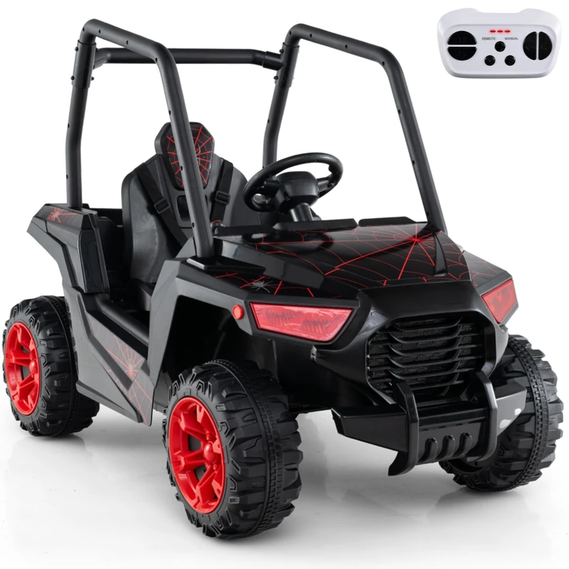 GYMAX 24V Kids Ride on Car, Children Battery Powered Car with Remote Control, Music, MP3, USB, Rear Storage, Spring Suspension&Slow Start, Electric Off Road Truck for 3-8 Years Old (Black+Red)