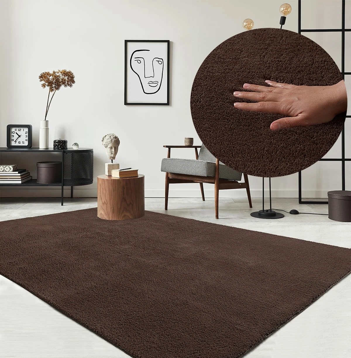 the carpet Relax Modern Fluffy Short Pile Rug, Non-Slip Underside, Washable up to 30 Degrees, Super Soft, Fur Look, Brown, 80 x 150 cm