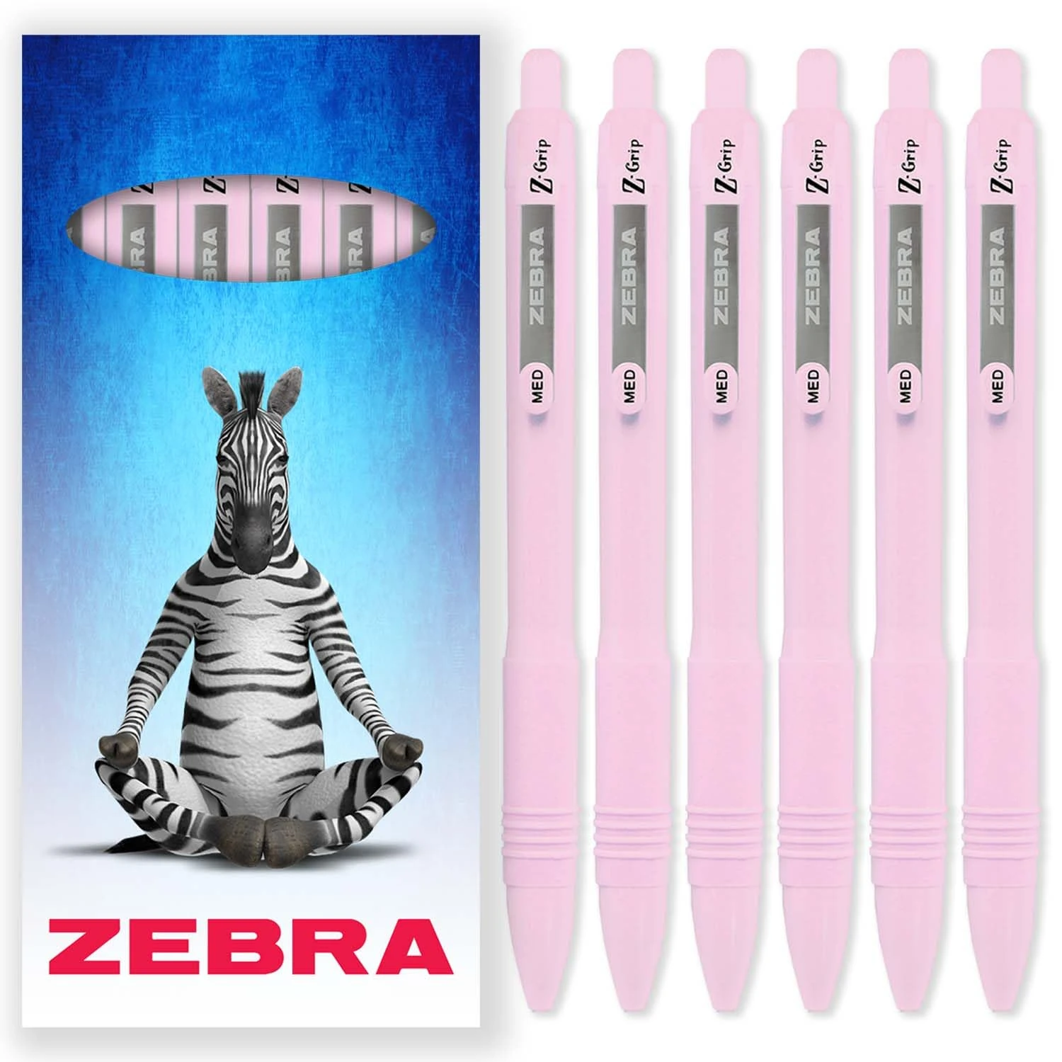 Zebra Z-Grip Smooth Ballpoint Pen - 1.0mm - Black Ink - Pack of 6 - In Cardboard Gift Box Packaging (Pastel Pink)