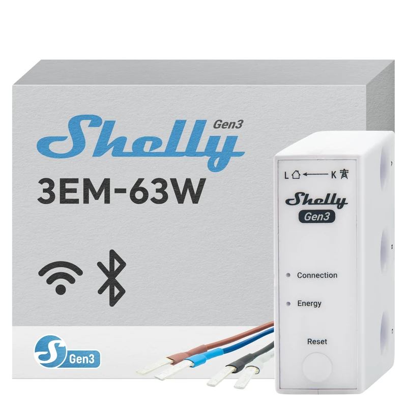 Shelly 3EM-63W Gen3 - Wi-Fi Three Phase or Single Phase Installations Energy Meter, 4-Quadrant Measurement, No Load Threshold, Photovoltaic Ready, No Hub Required, Accuracy Class B