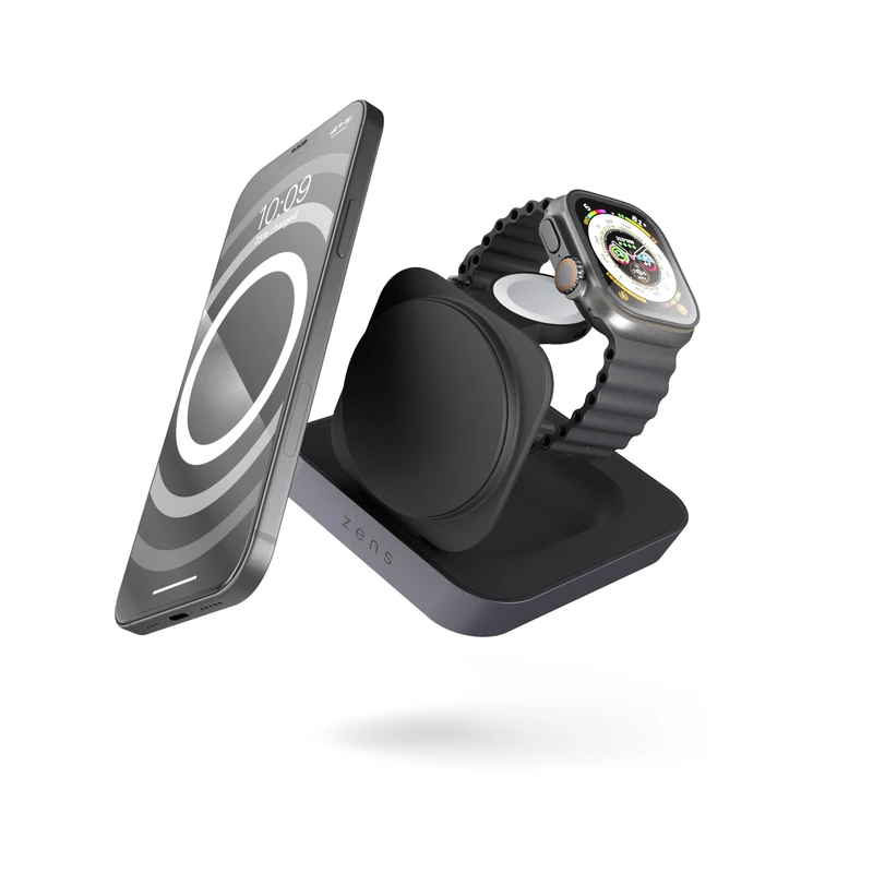 Zens Nightstand Magnetic Wireless Charger Pro 2, MagSafe and Qi2 15 W Wireless Charger for iPhone, Apple Watch, AirPods, 20 W Power Adapter (EU, UK, US) and 1.5 M Integrated Cable, Black