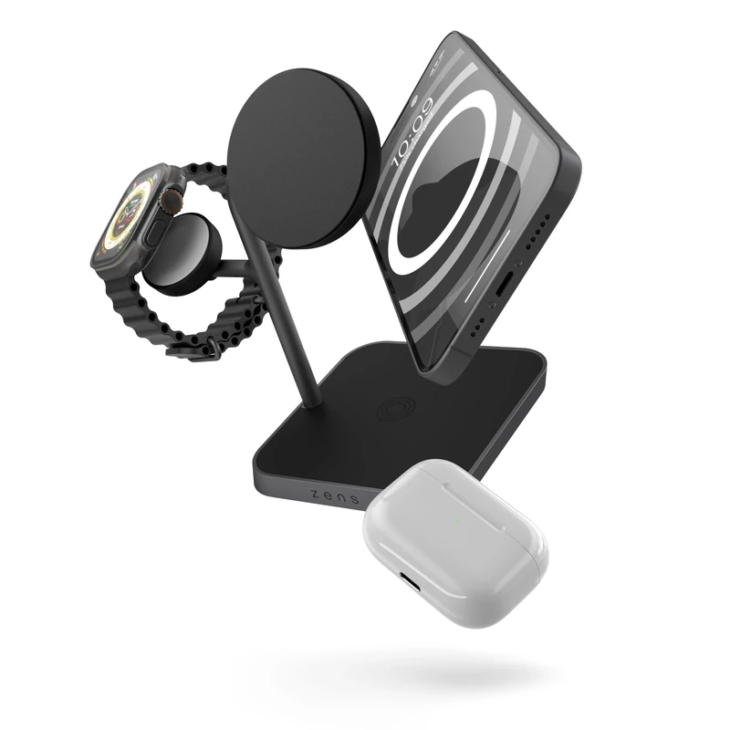 Zens Office Wireless Charger 3, MagSafe and Qi2 15W Wireless Charger for iPhone, Apple Watch, AirPods, Includes 45W Power Adapter (EU, UK, US) and 1.5M Integrated Cable, Black