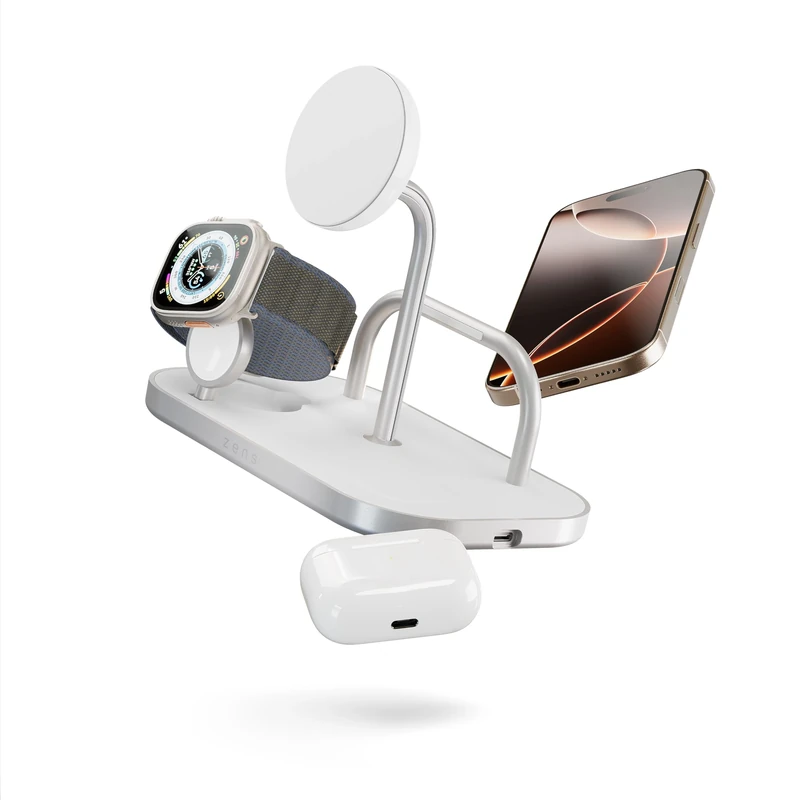 Zens 4-in-1 Wireless Charger, MagSafe and Qi2 15W Wireless Charger for iPhone, Apple Watch, AirPods, Includes 65W Power Adapter (EU, UK, US) and 1.5M Integrated Cable, White