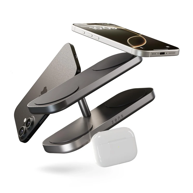 Zens Quattro Wireless Charger Pro 4, MagSafe and Qi2 15 W Wireless Charger for iPhone, AirPods, Includes 65 W Power Adapter (EU, UK, US) and 1.5 M Integrated Cable, Black