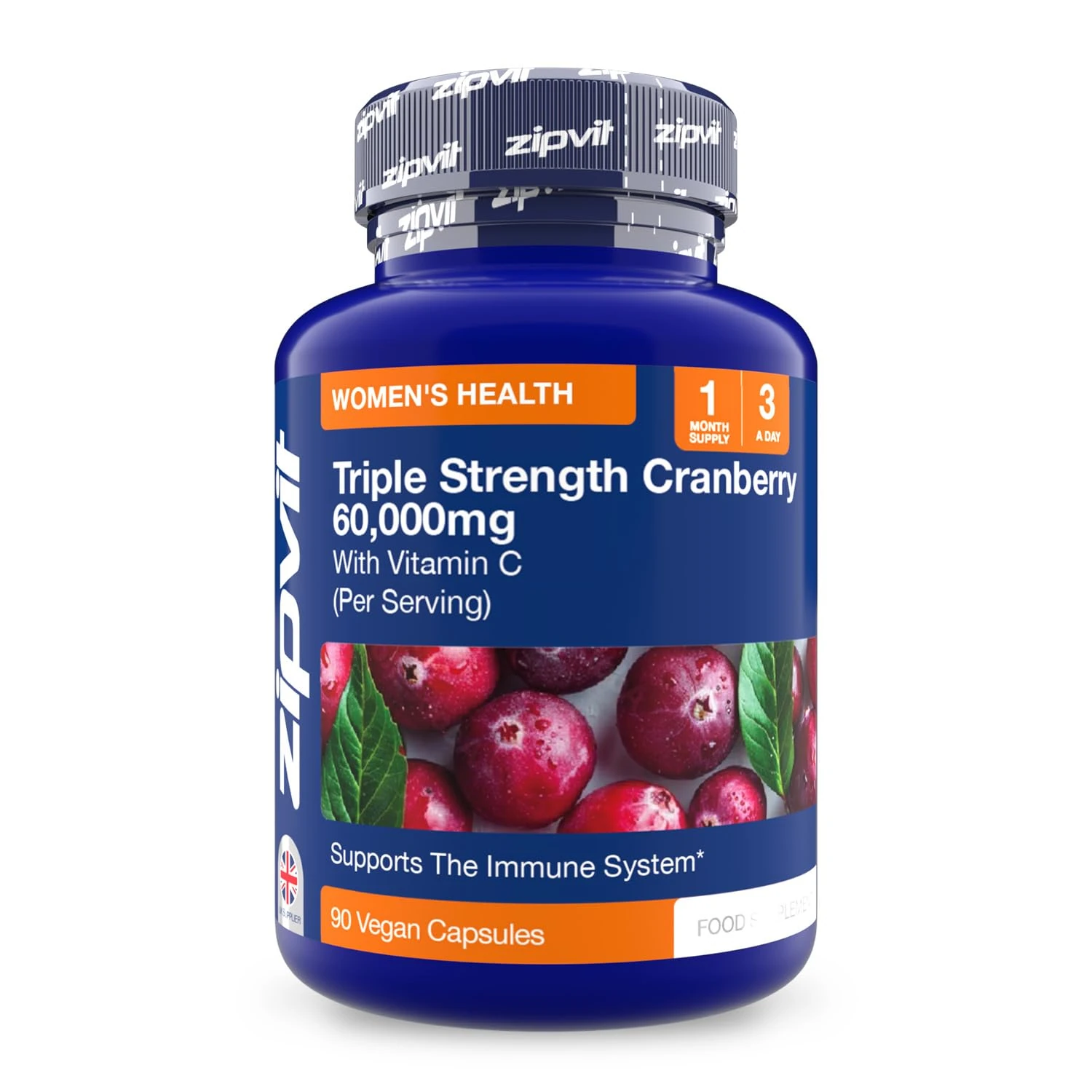 Zipvit Triple Strength Cranberry 60,000mg, High Strength Cranberry Extract with Vitamin C, 90 Vegan Capsules for Immune Support, 1 Month Supply, Supplement for Men & Women