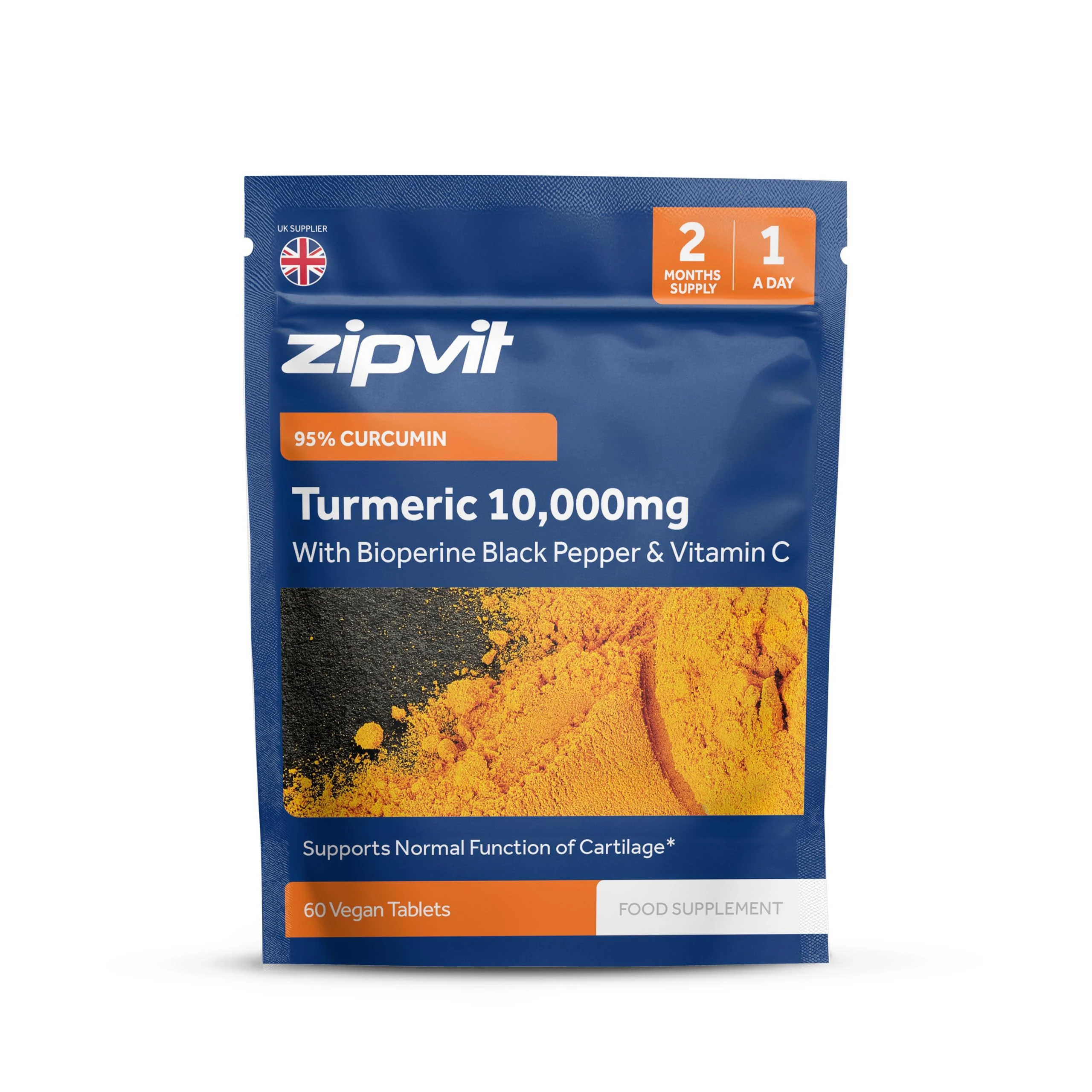 Zipvit Turmeric Tablets 10,000mg Providing 95% Active Curcumin with Bioperine Black Pepper & Vitamin C, 60 Vegan Tablets, 1 a Day, 2 Month Supply