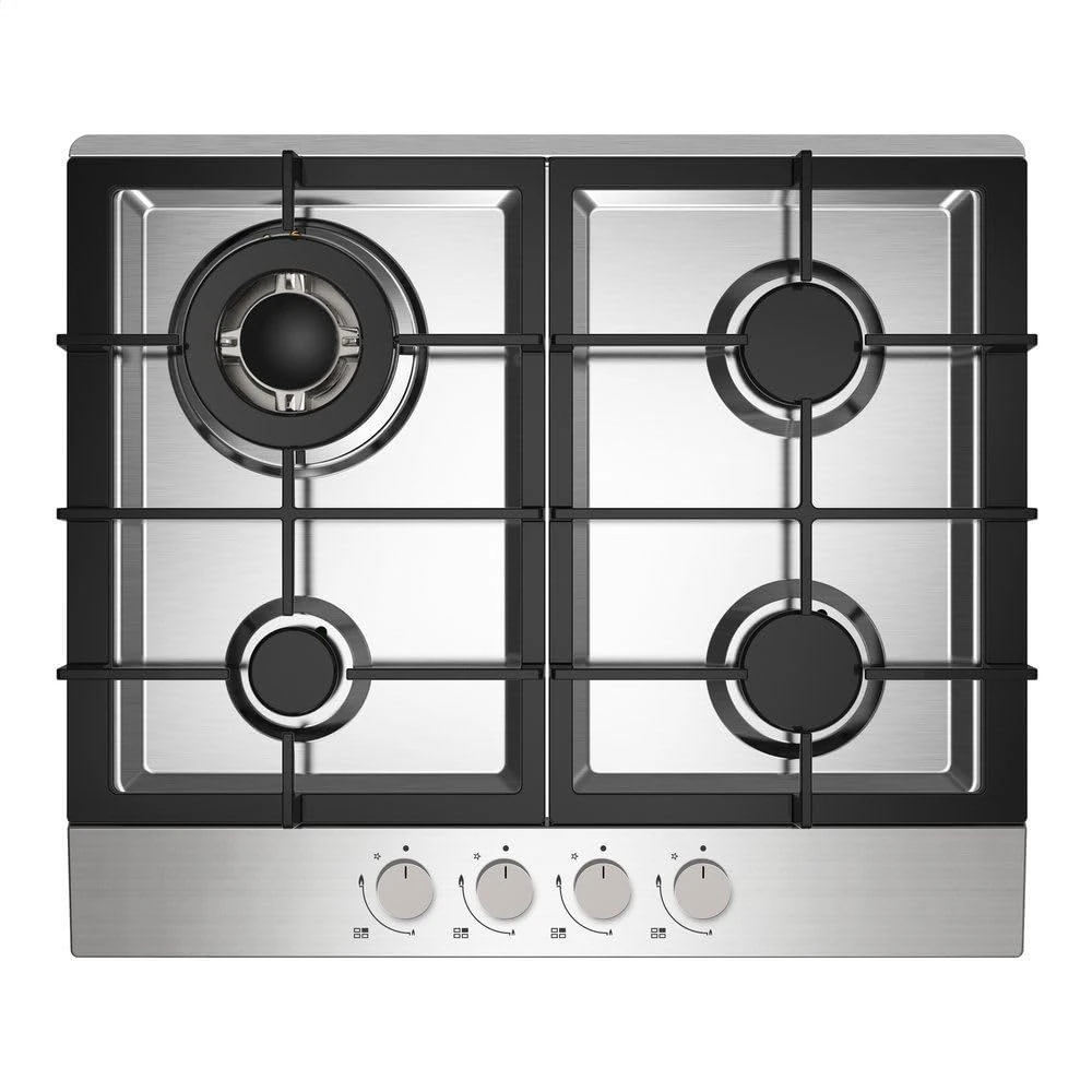 Statesman GH161SS 4 Burner Gas Hob, Cooker Cooktop with Wok Burner and Cast Iron Pan Supports, 60 cm, Front Dial Control, Automatic Ignition, Stainless Steel