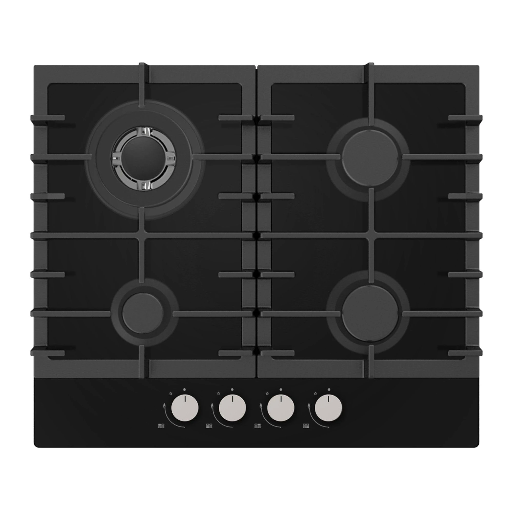 Statesman GH160GB 4 Zone Gas Glass Hob, Front Dial Control, Automatic Ignition, 60 cm, Includes LPG Conversion Kit, Durable Cast Iron Pan Supports, Black