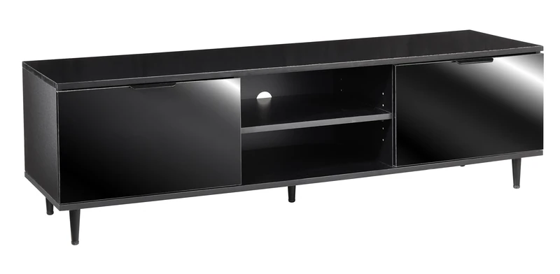 MMT Black Gloss TV Stand Unit - 140cm TV Stand Cabinet with Storage - Living Room Furniture Black Cabinet - Open Shelving TV Cabinet on Legs