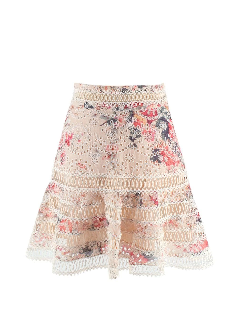 Zimmermann Pre-Loved Laelia Diamond Flutter Broderie Anglaise Mini Skirt Beige