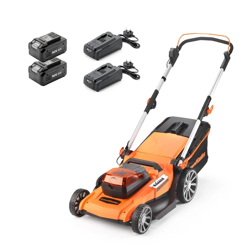 LawnMaster 48V 46cm Cordless Lawnmower with a Set of 2 MX 24V 4.0Ah Batteries, 2x Fast Chargers, Rear Roller, Grass Side Eject and Mulching Function. Battery Lawnmower for Larger Lawns.