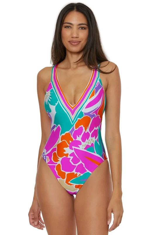 Trina Turk Women's Plunge One Piece Swimsuit, Bathing Suits, Amalfi (Multicolor), 4