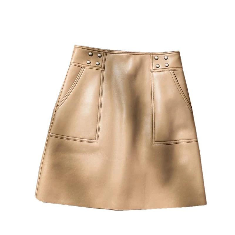 Women Leather Mini Skirts Short Solid Leather Skirt Office Commute Skirt Daily Date Outfit Skirt Khaki XL(12)