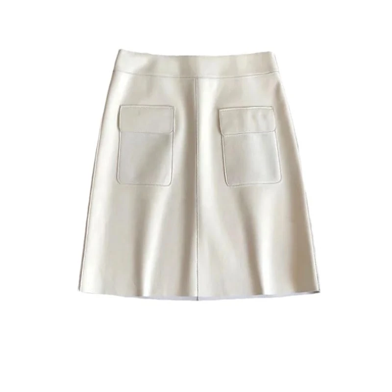 Pulcykp Women Leather Short Skirts Fall Winter High-Waisted Mini Leather Skirt Zip Up Sexy Pencil Skirt White M(6)
