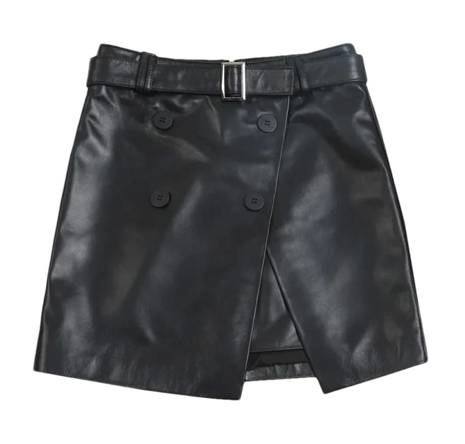 Pulcykp Women Leather Black Mini Skirt Fall Irregular Leather A-Line Skirt High Waist Leather Short Skirt Black L