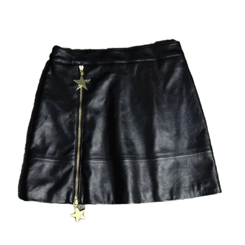 Woman Leather Short Skirt Fall Black Mini Skirt Solid A-Line Pencil Skirt Sexy Zip Up Skirt Black XL(12)