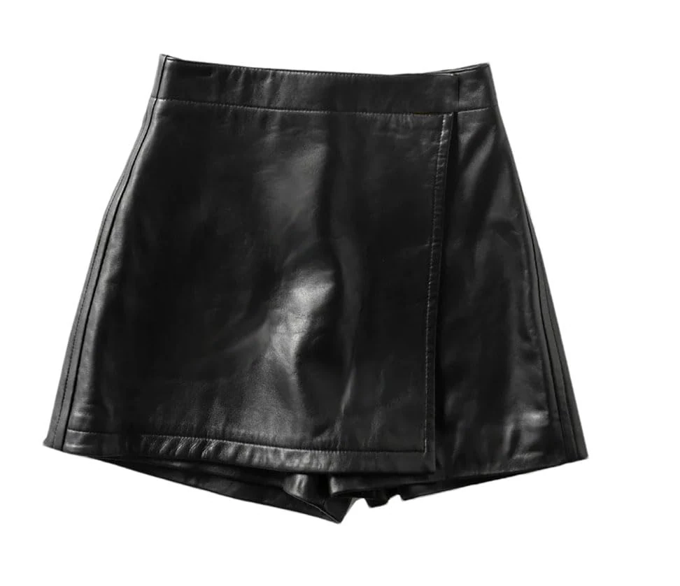 Womens Leather Short Pant Skirt Winter Fashion Solid Leather Mini Skirt Sexy Leather Mini Skirt Black S(4)