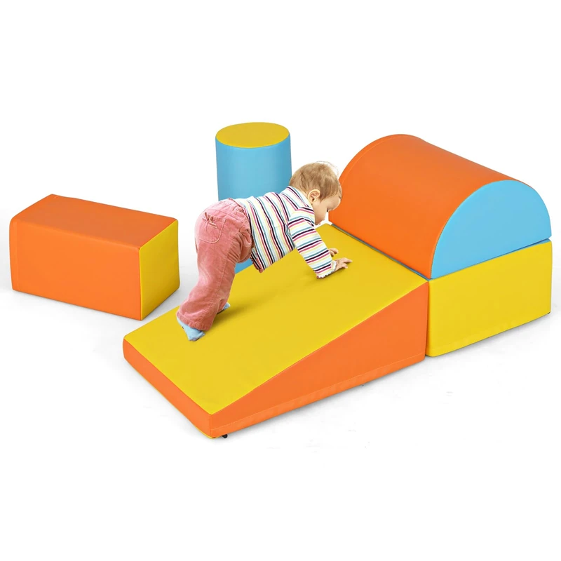 GYMAX Kids Climb and Crawl Play Equipment, 5-Piece Baby Soft Foam Blocks, Toddlers Lightweight Activity Play Set for Climbing Crawling (Orange)