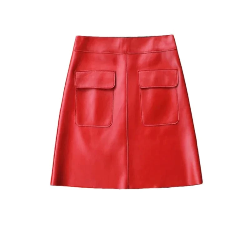 Pulcykp Women Leather Short Skirts Fall Winter High-Waisted Mini Leather Skirt Zip Up Sexy Pencil Skirt Red M(6)