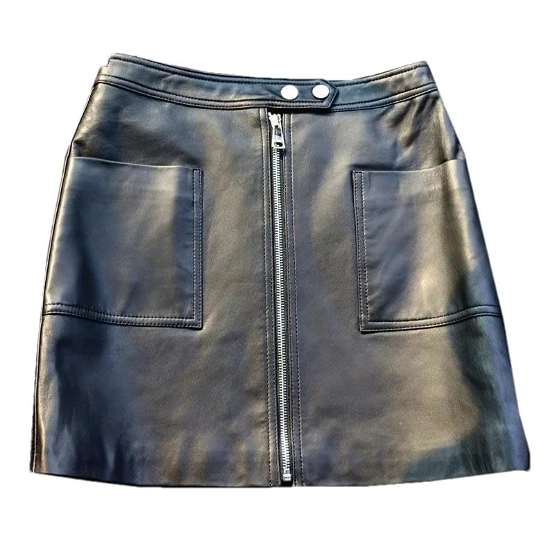 Pulcykp Womens Pockets Leather Mini Skirt Fall Winter Black Skirt High-Waisted Bodycon A-Line Skirt Black XL(12)
