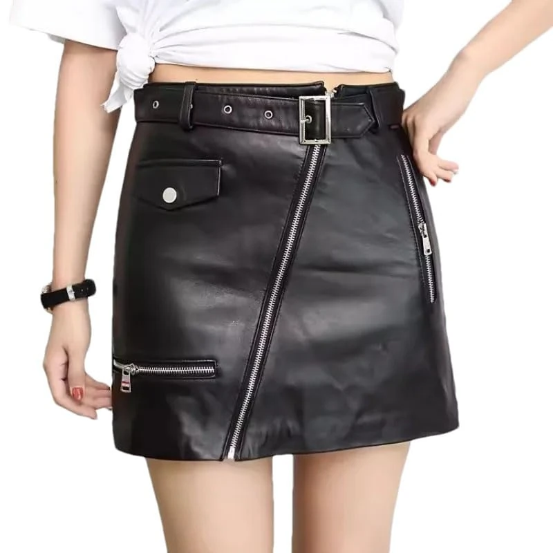 Pulcykp Women High Street Punk Leather Mini Skirt High Waist Casual Zipper A-Line Skirt Black Wrap Skirts Black 3XL