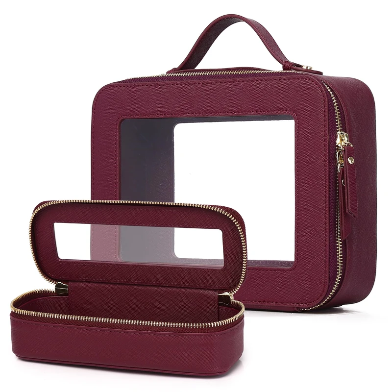 LOFOWN Clear Makeup Bag Small Cosmetic & Toiletry Bag Waterproof Travel Case Women's Pouch Organizer Makeup Bag for Car with Zipper, Burgundy, L+Slim, Travel Makeup Bag Set