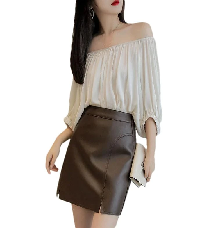 Pulcykp Womens Leather Mini Skirts Fashion Sexy Leather Short Skirt Leather Business Midi Skirt Chocolate XL
