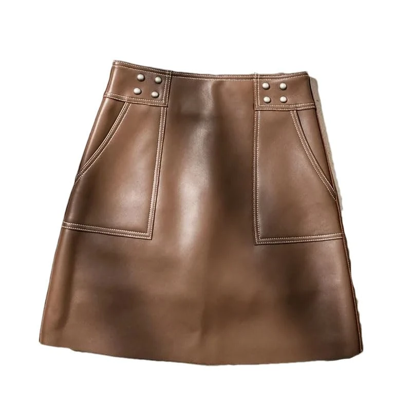 Women Leather Mini Skirts Short Solid Leather Skirt Office Commute Skirt Daily Date Outfit Skirt Coffee XL(12)