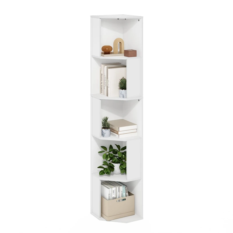 Furinno ECON Corner Shelf, 5-Tier Corner Book Shelf, Storage Shelves, Display Rack, Bookshelf, for Organization and Storage, Living Room, Home Office, White
