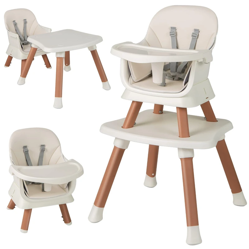 GYMAX 6 in 1 High Chairs, Convertible Baby Dining Highchair with Adjustable and Removable Tray & 5-Point Seat Harness, Multifunctional Infant Feeding Chair for Toddler (Natural, 58 x 58 x 98 cm)