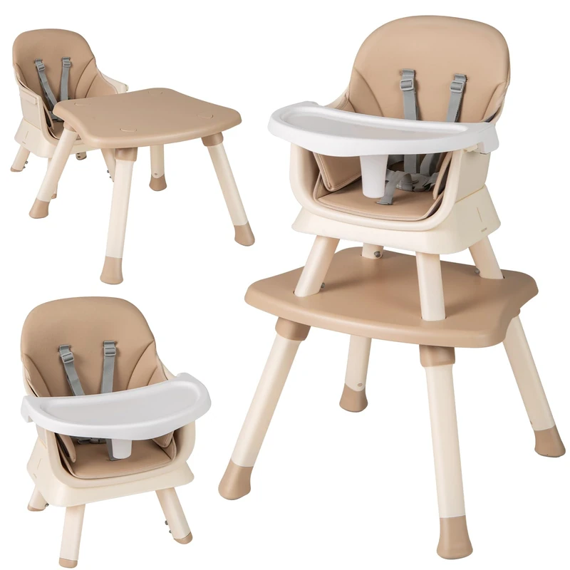 GYMAX 6 in 1 High Chairs, Convertible Baby Dining Highchair with Adjustable and Removable Tray & 5-Point Seat Harness, Multifunctional Infant Feeding Chair for Toddler (Light Brown, 58 x 58 x 98 cm)