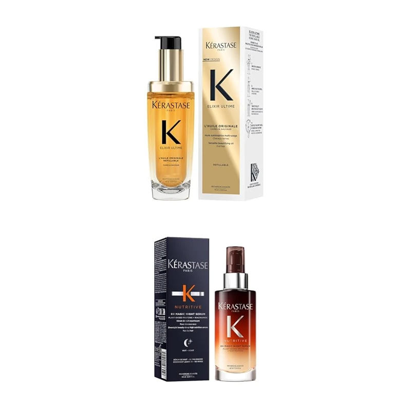Kérastase Elixir Ultime Refillable Hair Oil 75ml and Nutritive 8H Magic Night Hair Serum 90ml , 24H Nourishing and Heat Protection Routine for Dry and Dull Hair