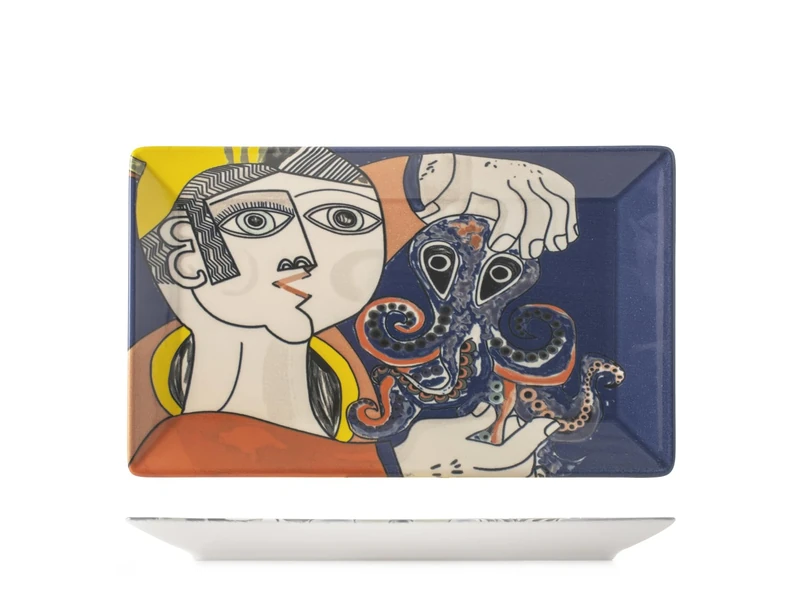 H&H Set of 6 Rectangular Plates - Pablo -in Stoneware Decorated - Elegant Plates 25 x 15 cm, Dishwasher and Microwave Safe - Design Inspired by Pablo Picasso