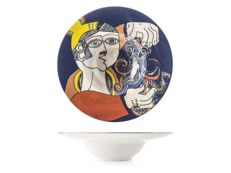 H&H - Set of 6 Pasta Plates - Pablo - Decorated Stoneware - Elegant Plates 28 cm, Dishwasher and Microwave Safe - Design Inspired by Pablo Picasso