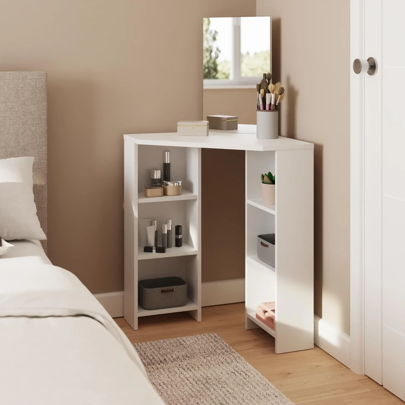 GFW Frances Corner Dressing Table Storage 6 Shelves Glass Mirror Bedroom White