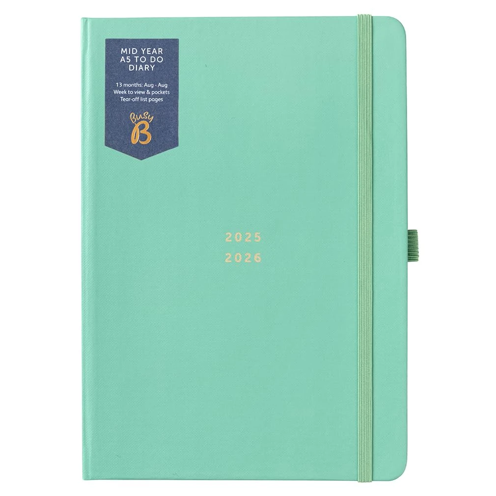 Busy B A5 Diary - Mid-Year Academic Planner - Aug '25 - Aug '26 – Green Journal Cover - Weekly Planner with To-Do Lists, Notes, Week-to-View, 3 Pockets, Year Planner & Elastic Closure
