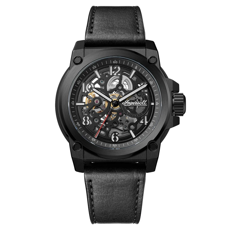 Ingersoll The Anvil Mens 46.5mm Automatic Watch with Black Dial and Black Leather Strap