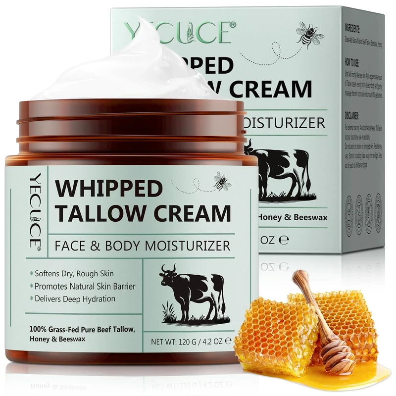 Beef Tallow for Skin Care 120 g, Tallow and Honey Balm, Tallow Face Cream, Tallow Face Moisturizer, Organic Grass-Fed Whipped Tallow Balm with Raw Honey, Deep Hydration for Face & Body