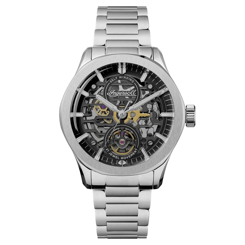 Ingersoll The Bronc Mens 44mm Automatic Watch with Black & Gold Dial and Silver Stainless Steel Bracelet Strap - Image 1