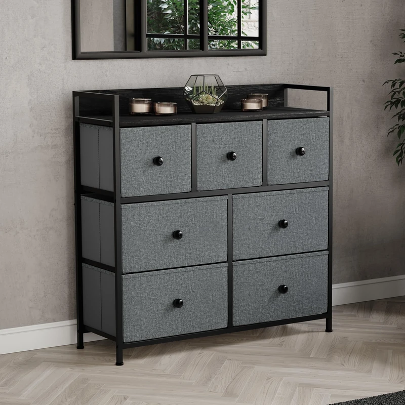 Vida Designs Chorley 7 Drawer Chest Of Drawers Fabric Storage Organizer Unit With Wood Top, Metal Frame & Handles - Ideal For Bedroom, Living Room, Nursery - Grey & Black (UKFR Certified)