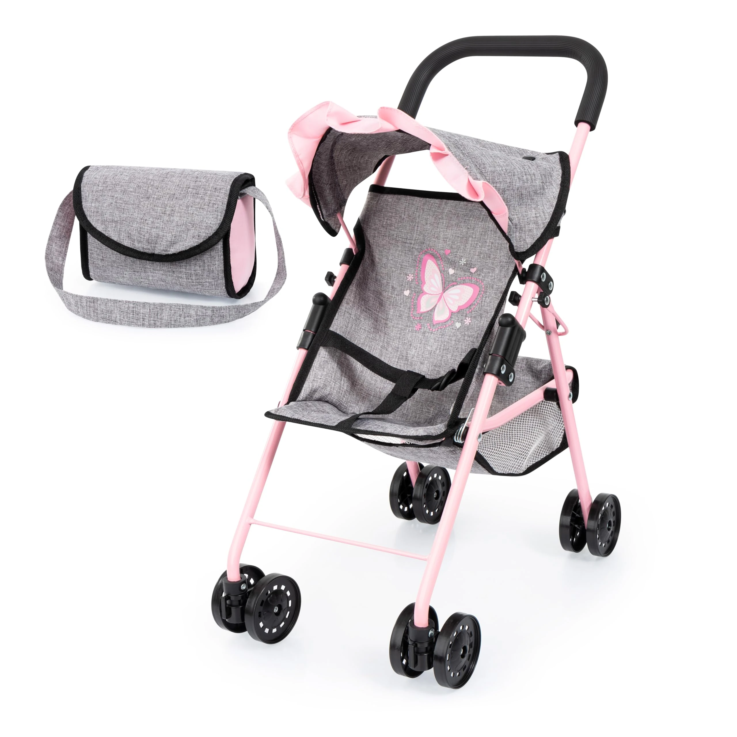 Bayer Pink Dolls Stroller - Baby Doll Pram Set with My First Foldable Dolls Pushchair for Up to 46cm Doll and Matching Changing Bag, Basket - Toy Buggy for Girls, Toddler, Kids