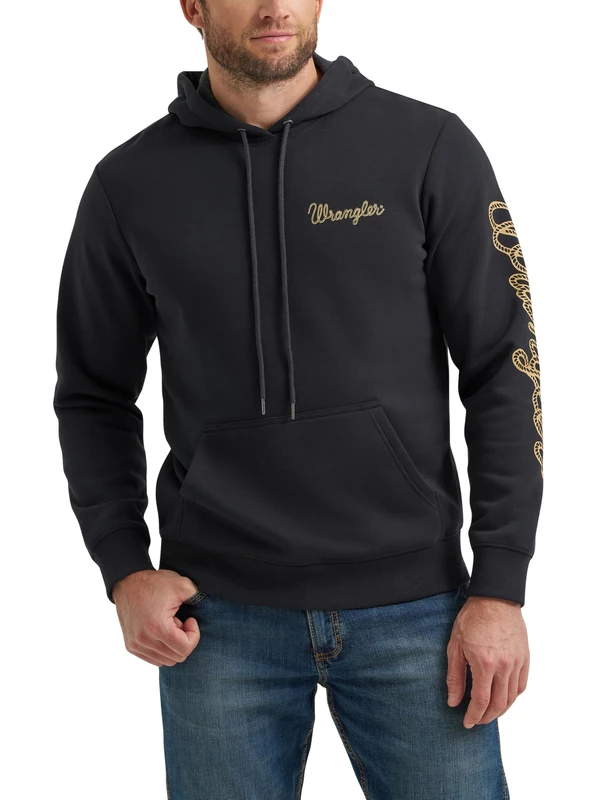 Wrangler Men's Western Long Sleeve Hoodie Hooded Sweatshirt, Jet Black, M