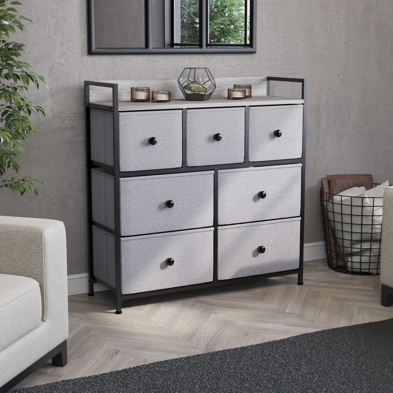 Vida Designs Chorley 7 Drawer Chest Of Drawers Fabric Storage Organizer Unit With Wood Top, Metal Frame & Handles - Ideal For Bedroom, Living Room, Nursery - Beige & Grey Wood (UKFR Certified)