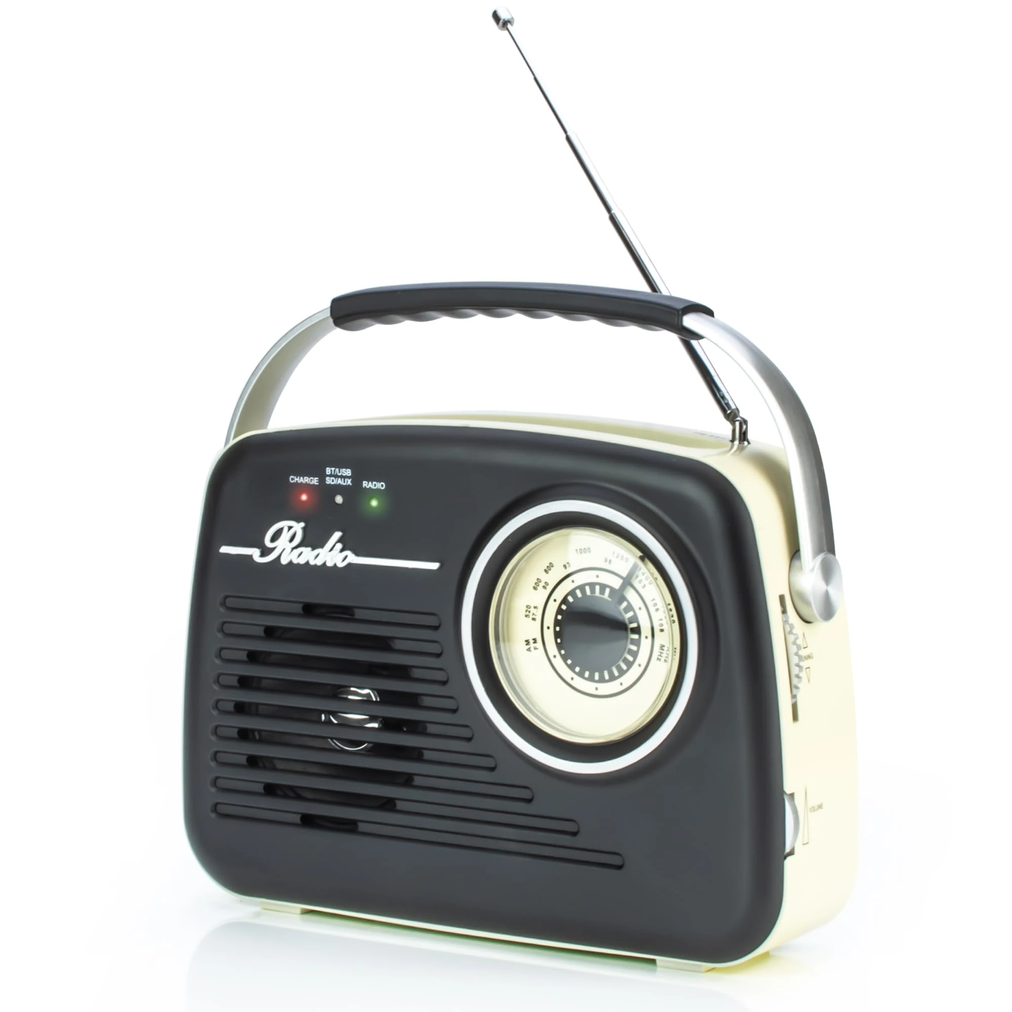 Status IONOS Retro Portable FM Radio, Wireless 10M Range, SD/USB Input, 3W Speaker, Mains/Battery Powered, Cream and Black, TILBURG1PKB4