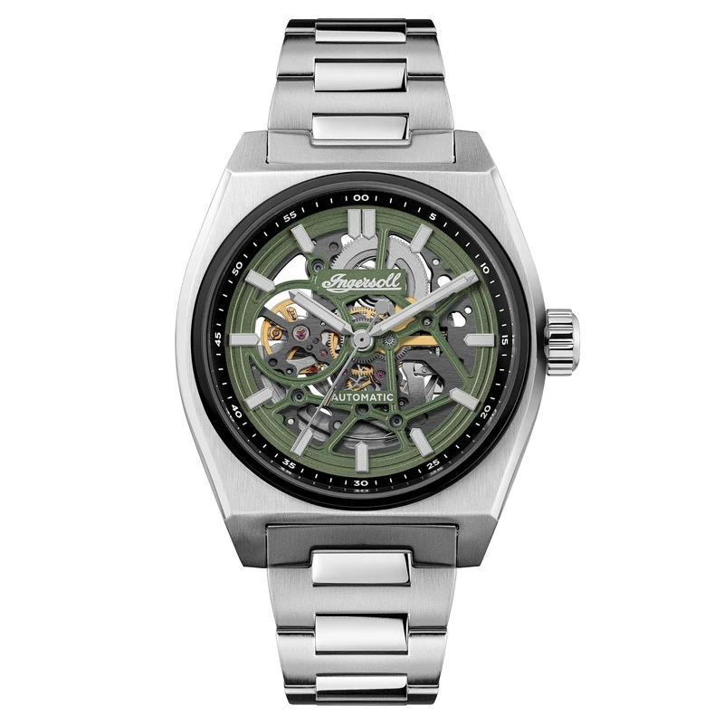Ingersoll The Vert Mens 43mm Automatic Watch with Green Dial and Silver Stainless Steel Bracelet Strap