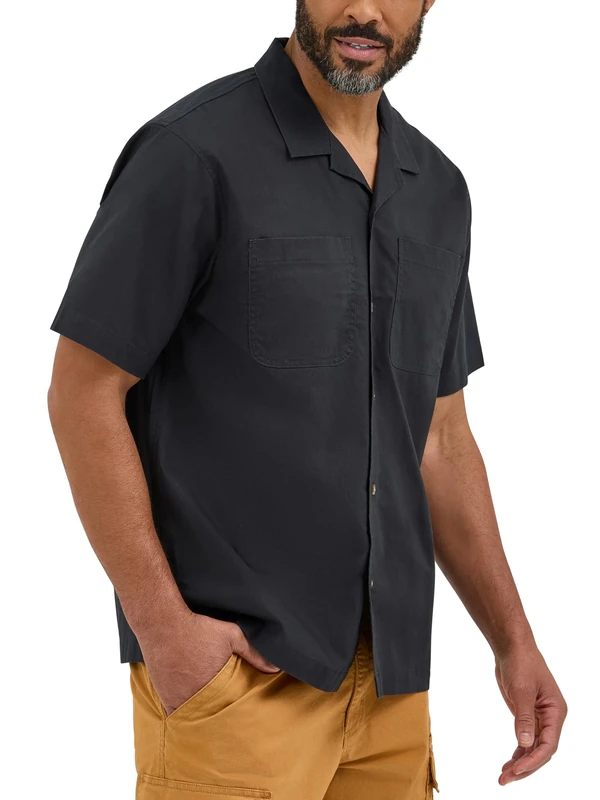 Wrangler Authentics Men's Short Sleeve Camp Shirt, Caviar, Large